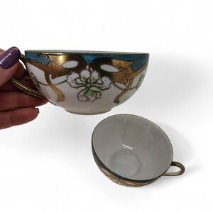 Nippon Hand Painted Tea Cups Set of 2 Floral Gold‎ Trim Antique